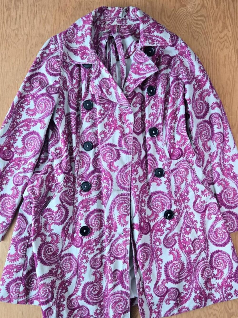 Vintage Pink Paisley Double Breasted Trench Rain Coat with Belt Womens Size M